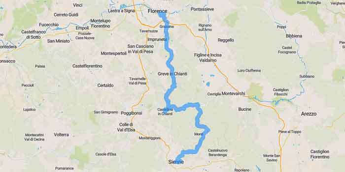 Chianti Wine Road in Tuscany among vineyards and sweet hills - Mappa