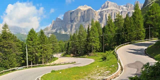 The scenic drive leading to the Pordoi pass in the Dolomites