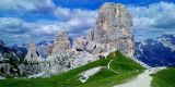 Trekking on the path from Cortina d'Ampezzo to cinque torri